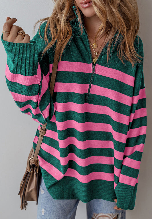 Striped Quarter Zip Long Sleeve Sweater