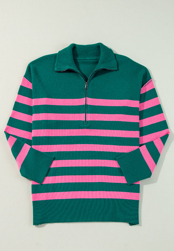 Striped Quarter Zip Long Sleeve Sweater